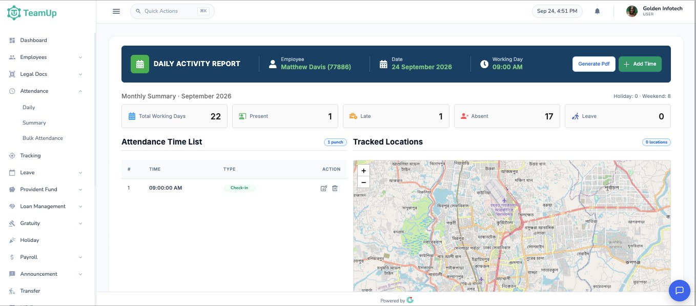 TeamUp daily activity report showing monthly attendance summary, punch list and tracked locations TeamUp daily activity report showing monthly attendance summary, punch list and tracked locations
